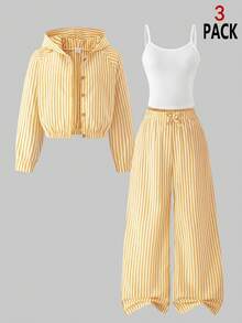 SHEIN 3件組女童套裝，連帽長袖開襟短夾克、白色細肩帶背心上衣、鬆緊腰寬鬆寬腿長褲，休閒日常穿著 - 黃色 - 查看 1