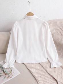 SHEIN 兒童青少年女孩寬鬆休閒極簡舒適日常穿著學院風白色荷葉邊飾泡泡袖優雅荷葉邊前開扣襯衫長袖上衣返校季 - 白色 - 查看 2