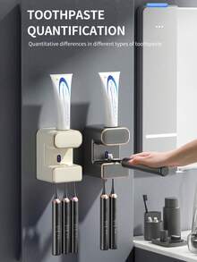 UV Toothbrush Sanitizer & Sensor Toothpaste Dispenser, USB Rechargeable Wall Holder With 3 Slots, Drill-Free For Family Bathrooms. It Works As Bathroom Decor & Seasonal Decor For Autumn And Back-To-School. - Multicolor - View 2