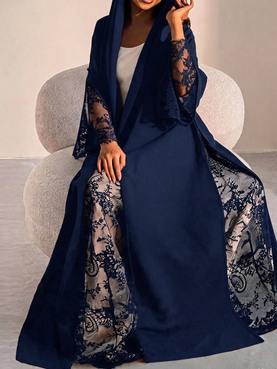 Al Najma Women's Lace Patchwork Casual Party Travel Abaya - Navy Blue - View 1