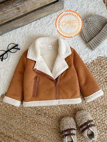 SHEIN Playful Pals Boys' Autumn/Winter Street Life Casual Motorcycle Jacket, Infant Thickened Plush Lapel Zipper Coat Children Aged 0-3Y, Toddler Holiday Club Brown - Multicolor - View 9