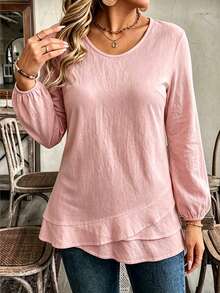 EMERY ROSE Women's Plus Size Solid Color Design Long Sleeve Shirt With Ruffle Hem Patchwork, Casual Versatile For Autumn/Winter, Suitable For Outings And Office Commute - Pink - View 3