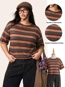 Comfortcana Yellow Solid Color Drop Shoulder Short Casual Plus Size T-Shirt - Brown - View 1