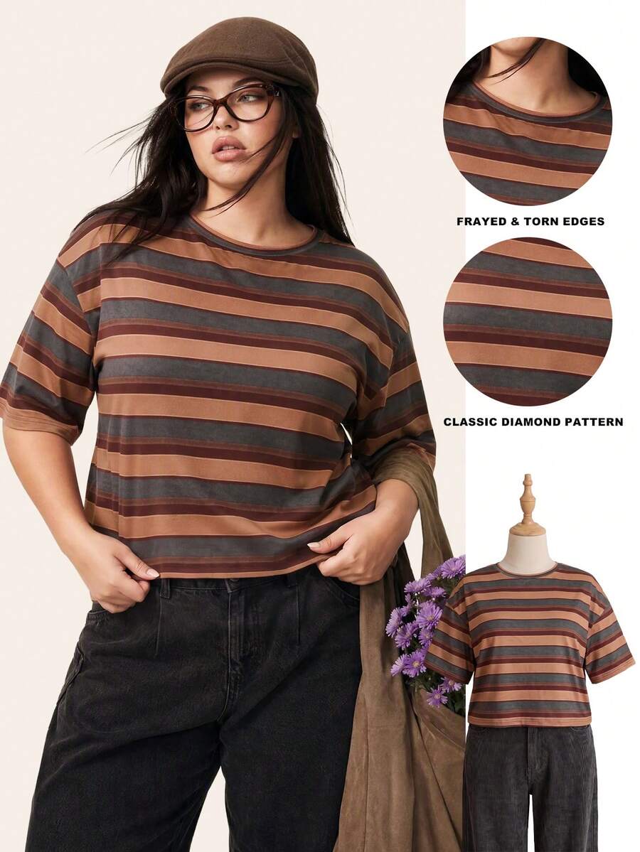 Comfortcana Yellow Solid Color Drop Shoulder Short Casual Plus Size T-Shirt - Brown - View 1