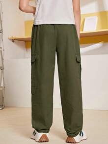 SHEIN Kids Tween Boy Sporty Casual Side Flap Pocket Army Green Cargo Pants - Army Green - View 2