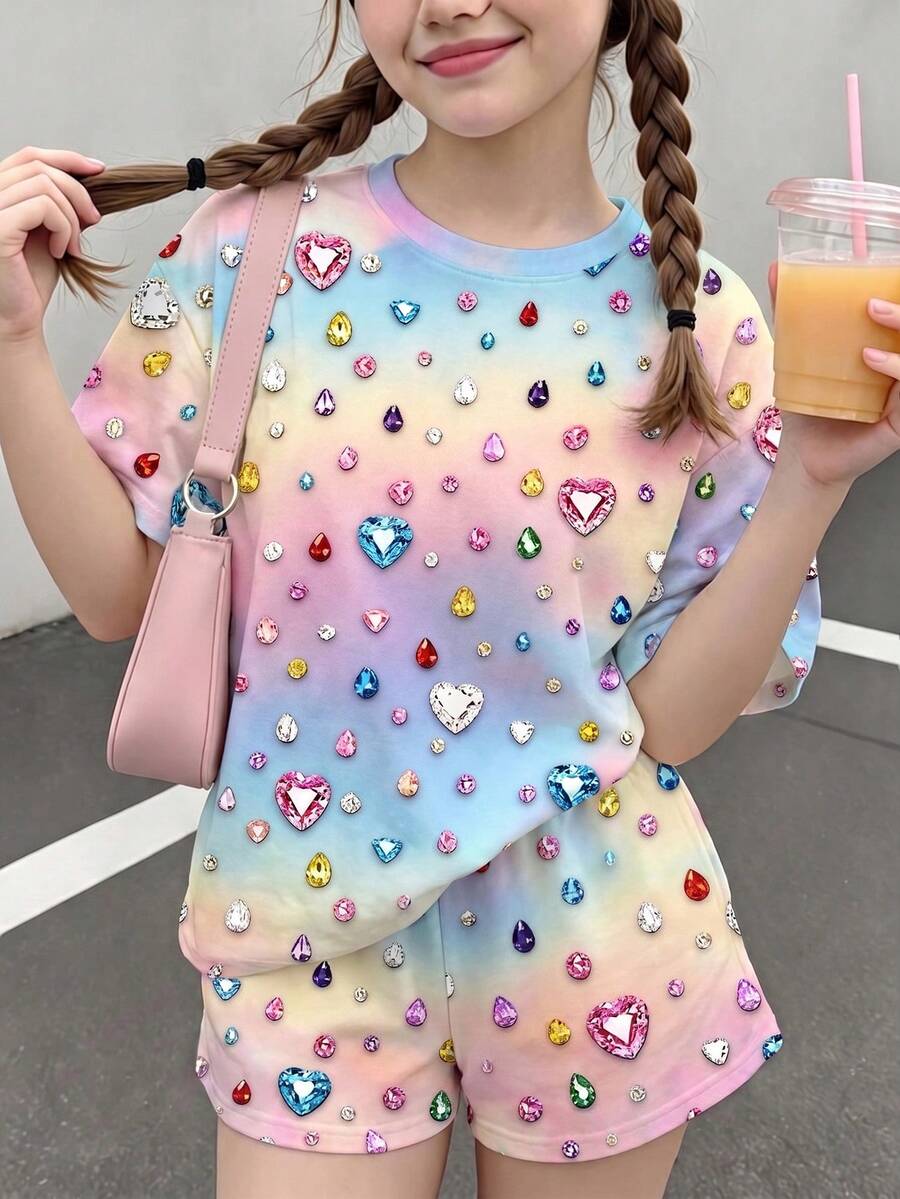 Conjunto de dos piezas para niña joven, estilo casual minimalista, lindo y dulce, con lunares, textura brillante y estampado de corazón, azul cobalto pop, manga corta y shorts, adecuado para verano, cómodo, estilo primavera y verano, gráfico, kawaii - Multicolor - Ver 1