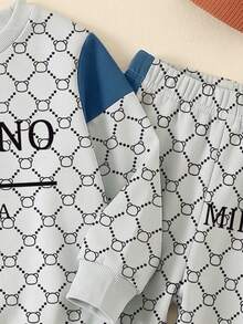 SHEIN 1組隨機款 嬰兒男童藍色白色字母印花 大廓型落肩圓領運動衫與運動長褲套裝 休閒返校秋季穿搭 - 彩色 - 查看 5