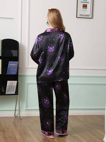 Chillnights Conjunto de pijama joven Moon Cat con bloques de color, estampado de leopardo, patrón geométrico, cuello de solapa, satén, cómodo, talla grande - Negro - Ver 2