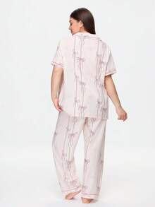 Bonmuse Bow Print Short Sleeve & Long Pants Pajama Set, Plus Size - Apricot - View 2