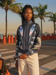 CAJUNI Tropical Print Casual Vacation Jacket - Black - View 2