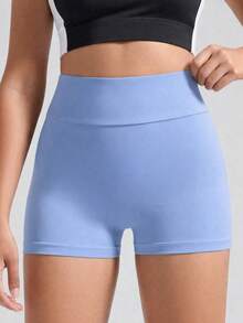 Teen Girls' Foggy Blue High-Waist Athletic Shorts, Made From High-Stretch Form-Fitting Fabric With A Sleek And Supportive Design, Perfect For Spring And Summer Activities Including Running, Gym Workouts, And Casual Sporty Wear - Dusty Blue - View 3