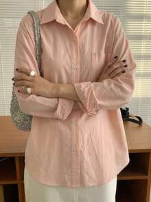 DAZY 女款素色單排扣休閒百搭日常外出襯衫 教師節早午餐 淡粉色 秋季 - 珊瑚粉 - 查看 10