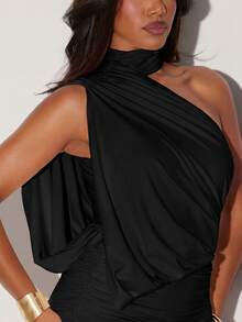 Hauture Women's Sexy One Shoulder Drape Ruched Detail Cut Out Mini Dress - Black - View 2