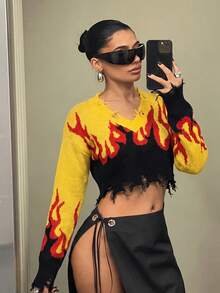 SHEIN ICON 秋冬女款 Concert Club 黃色萬聖節對比色火焰印花短版寬鬆毛衣 - 彩色 - 查看 4