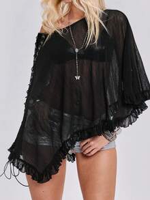 ROMWE Y2K Sexy Fishnet Hollow Out Cape Cover-Up Top For Women Plus Size - Black - View 9