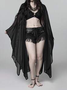 ROMWE Goth Atasan Jala Bergaya Gotik Ukuran Plus untuk Wanita, Atasan Panjang Longgar Lengan Kelelawar, Penutup Tubuh Modis untuk Berlapis Sehari-hari - Hitam - View 7