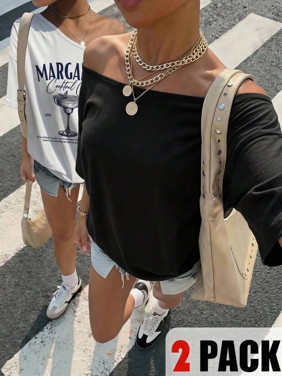 Muchica 2pcs/Set Vacation Cocktail White T-Shirt And Solid 's T-Shirt - Multicolor - View 1