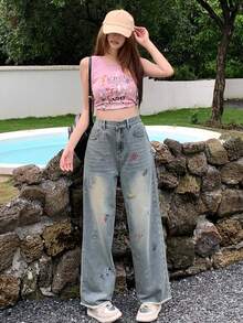 DAZY Ladies' Cherry Printed Loose Fit Straight Leg Denim Jeans With Raw Hem Pockets,Back To School Clothes - Light Wash - View 2