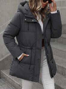 Aveloria Modichic Fashionable Casual Adjustable Waist Plaid Print Hooded Padded Coat Winter - Navy Blue - View 5