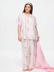 Bonmuse Bow Print Short Sleeve & Long Pants Pajama Set, Plus Size - Apricot - View 7