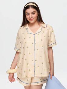 Bonmuse Plus Size Lemon Plaid Print Lapel Button-Front Short Sleeve Shorts Pajama Set - Yellow - View 6