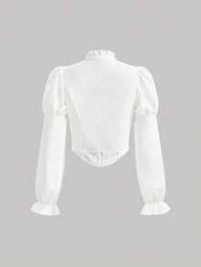 SHEIN MOD Frill Trim Flounce Sleeve Blouse,Long Sleeve Tops - White - View 3