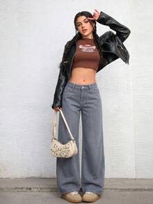 SHEIN ICON 女款寬腿寬鬆休閒百搭牛仔褲，附口袋 - 黑色 - 查看 3