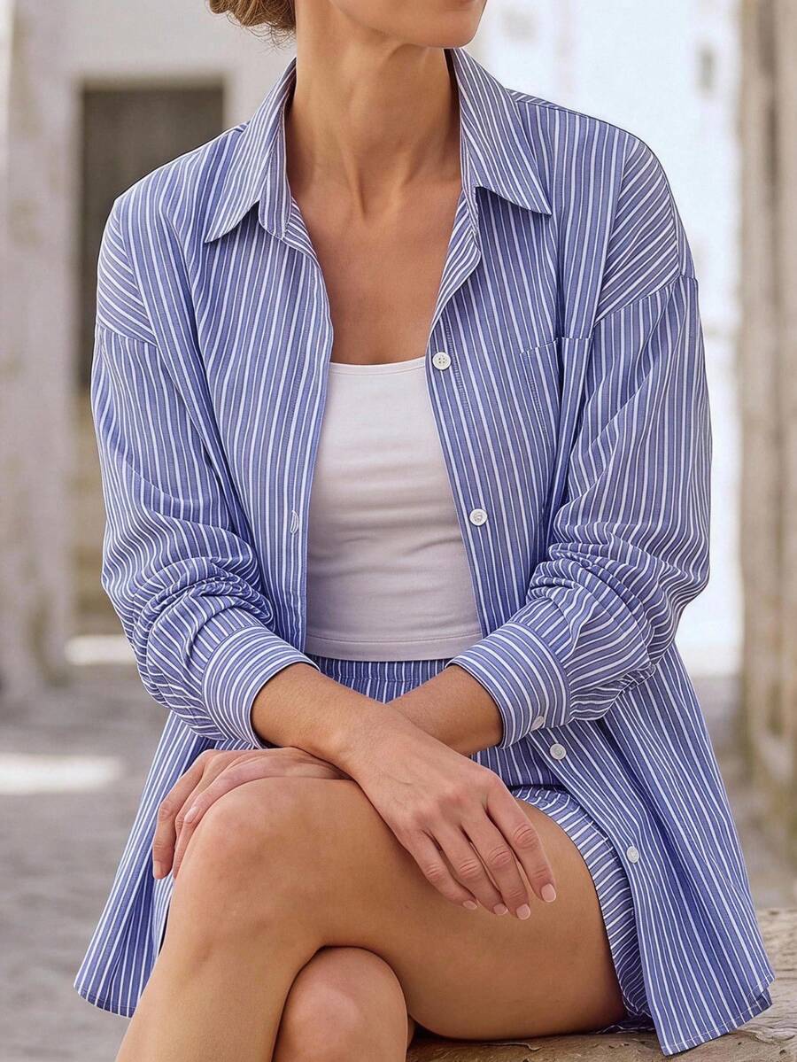 Hansera 2pcs/Set Women's Regular Striped Casual Shirt Top And Shorts Set - Blue - View 1