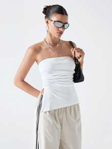 Comfortcana Top tubo de moda con fruncido de color liso para mujer, blanco, sexy, para brunch, club y salidas nocturnas de verano - Blanco - Ver 4