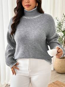 Weeklong Plus Size Contrast Color High Neck Long Sleeve Slouchy Commute Autumn/Winter Versatile Knit Sweater Thickened - Grey - View 5