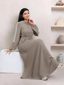 Veilorie Women's Colorblock Striped Drawstring Waist Long Dress - Khaki - View 6