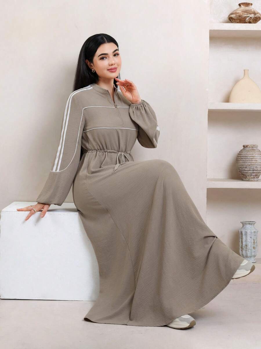 Veilorie Women's Colorblock Striped Drawstring Waist Long Dress - Khaki - View 1
