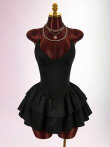 Amplova Women's Solid Color Ruffle Hem Sexy Spaghetti Strap Mini Dress - Brown - View 9