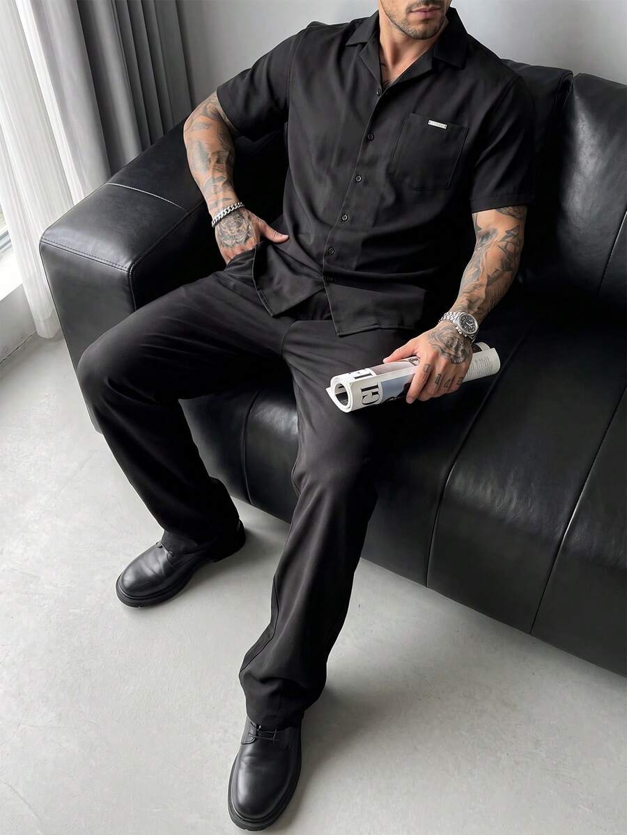 Manfinity Homme Men's Metal Buckle Short Sleeve Shirt And Pocket Long Pants Set - Black - View 1