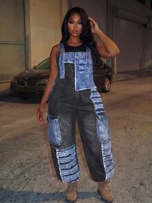 BriallanyX BriallanyX Plus Size Denim Super Loose Patchwork Overalls - Multicolor - View 5