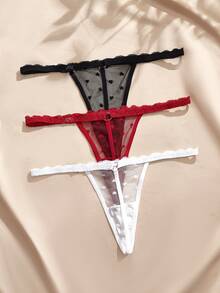 Charlaine 法式性感愛心網紗 3 件套 細肩帶 T-Back 丁字褲 G-String - 彩色 - 查看 2
