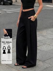 SHEIN PETITE Women's Casual Versatile Solid Color Wide Leg Long Pants Work Office Black Autumn - Black - View 5
