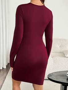 SHEIN Maternity Solid Color Long Sleeve Ruched Fitted Elegant Dress Fall Fall/Winter Casual - Burgundy - View 2