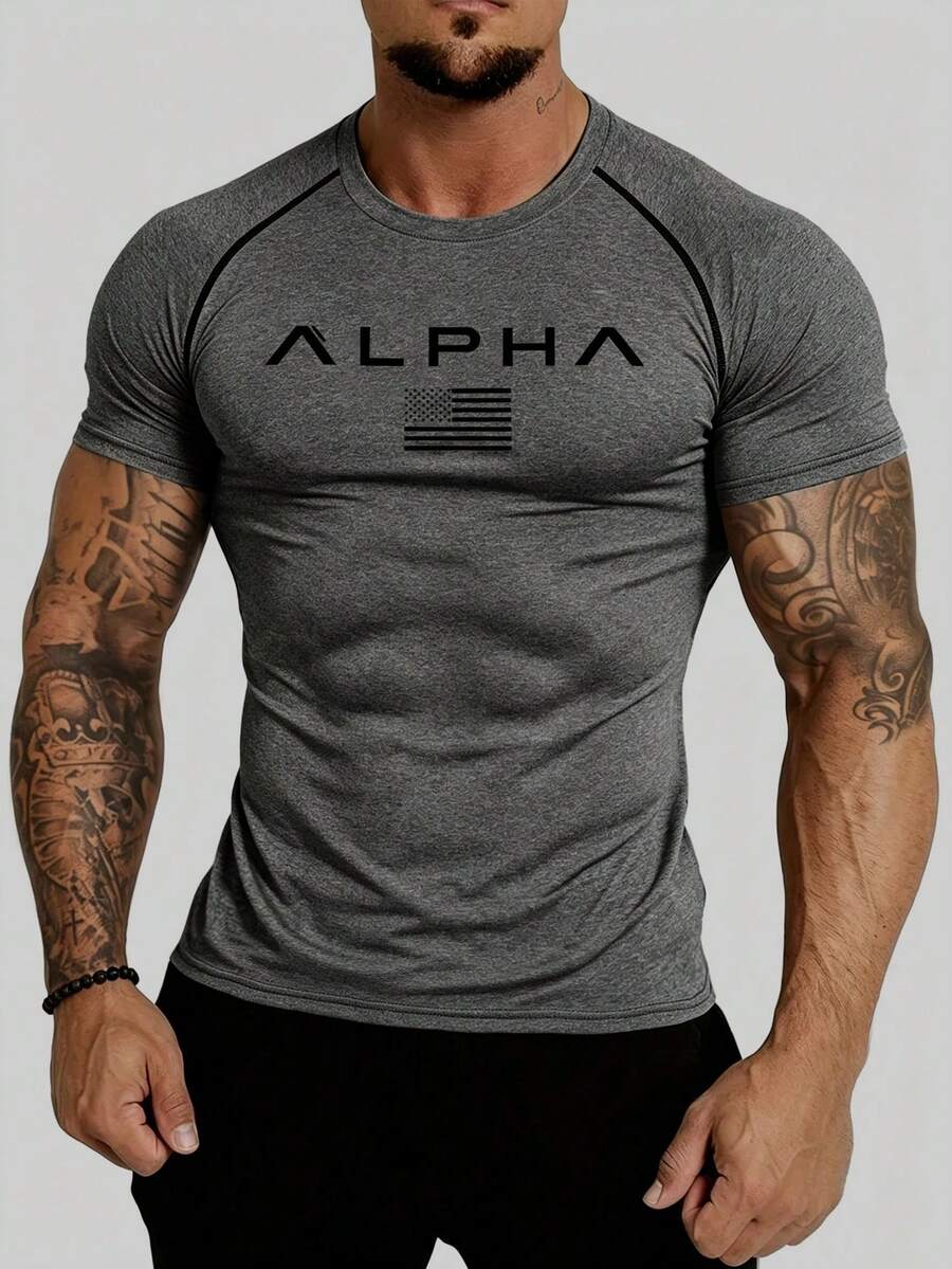 Coreblaze Men's Plus Size Letter Print Short Sleeve Sports T-Shirt - Black - View 1