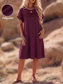 EMERY ROSE Plus Size Women's Solid Color Lace Hollow Out Sleeveless Dress - Red Violet - View 3