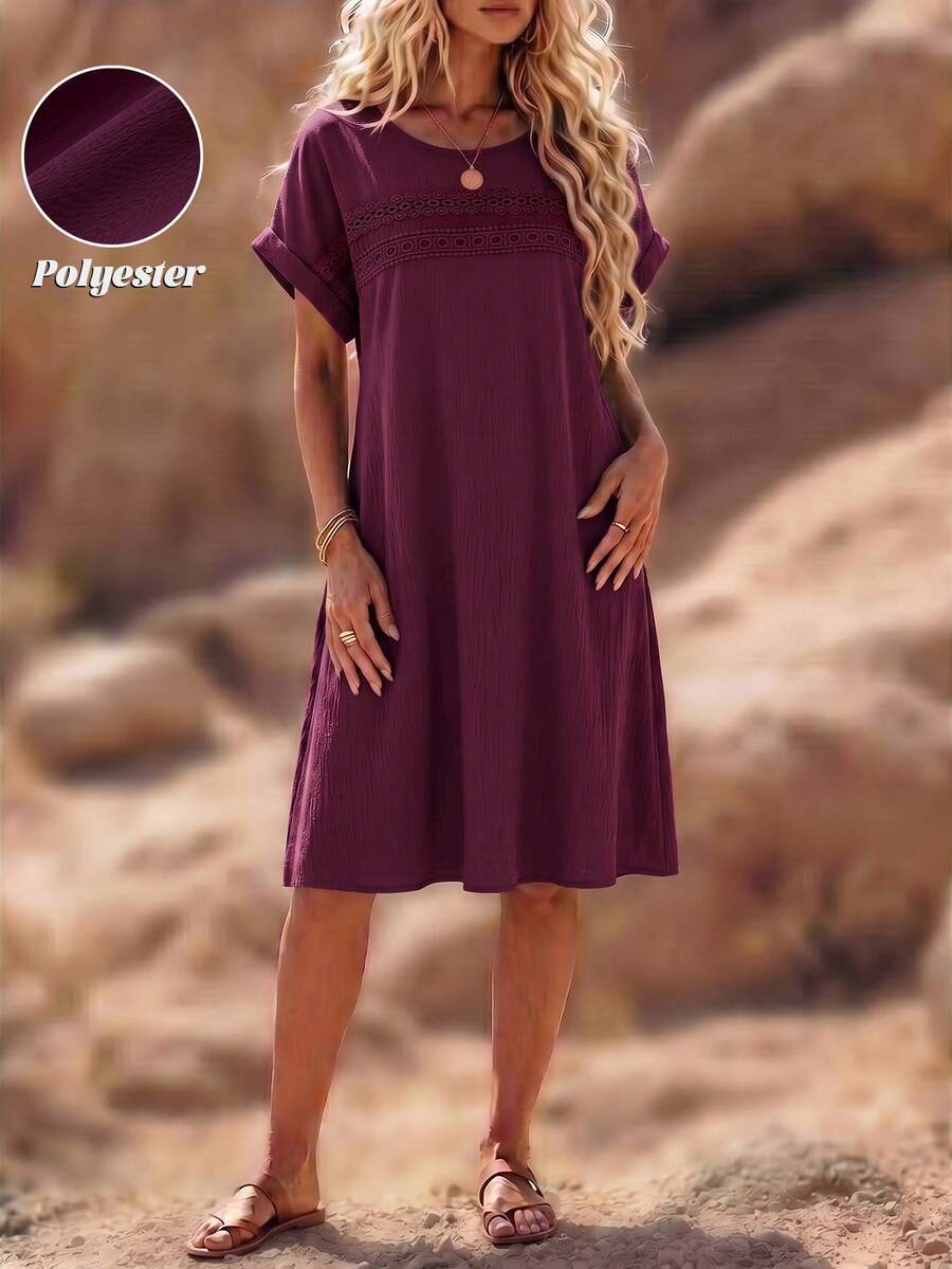 EMERY ROSE Plus Size Women's Solid Color Lace Hollow Out Sleeveless Dress - Red Violet - View 1