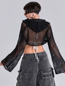 ACID BLVD Women's Y2K Versatile Mesh Hollow Long Sleeve Hooded Sweater - Black - View 2