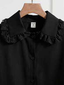 SHEIN Spring/Autumn New Peter Pan Collar Long Sleeve Loose Fit Black Blouse, Fall Tops, Sweet Versatile Fresh Preppy School Girl Style Top - Black - View 6