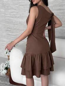 Modelyn Women's Solid Color Twist Shoulder Design Ruffle Hem Short Dress,Dresses For Women Summer - Burgundy - View 2
