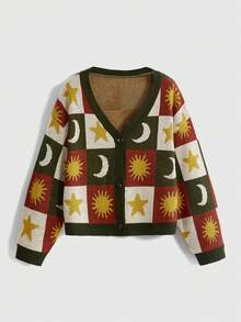 ROMWE Vintage Hippie Plus Size Women's Knit Cardigan Sun Moon Star Pattern Design Short Loose Sweater Jacket Autumn/Winter - Multicolor - View 1