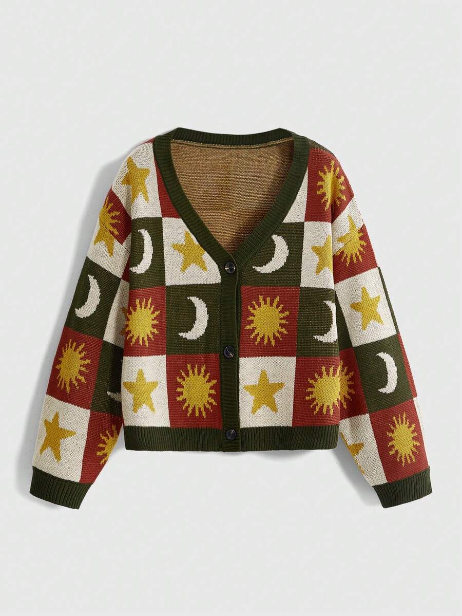 ROMWE Vintage Hippie Plus Size Women's Knit Cardigan Sun Moon Star Pattern Design Short Loose Sweater Jacket Autumn/Winter - Multicolor - View 1