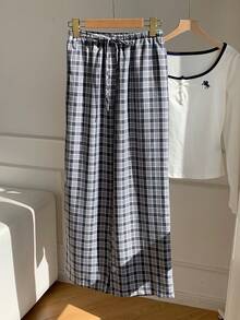 Comfortcana Women's Drawstring Waist Plaid Casual Versatile Daily Travel Long Pants - Navy Blue - View 5