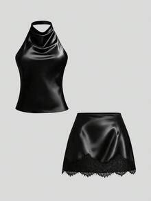 Sweetra Plus Size Satin Sexy Elegant Halter Neck Backless Top And Lace Patchwork Mini Bodycon Skirt 2 Pieces Set Halloween Cocktail Black - Black - View 1