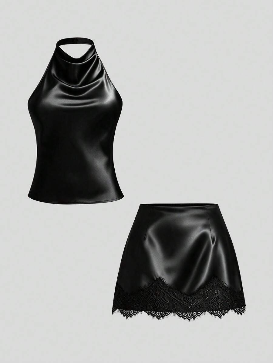 Sweetra Plus Size Satin Sexy Elegant Halter Neck Backless Top And Lace Patchwork Mini Bodycon Skirt 2 Pieces Set Halloween Cocktail Black - Black - View 1