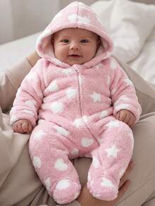 SHEIN Newborn Baby Cute Fluffy Zipper Hooded Autumn Winter Romper - Pink - View 1